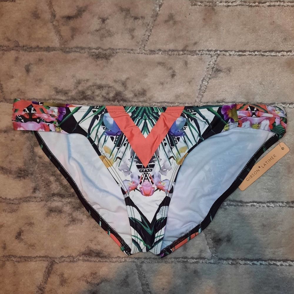 GIBSON LATIMER NWOT Multicolor Geometric Palm Bikini Bottom LARGE